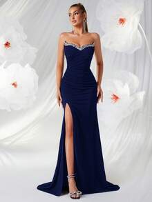 ADYCE Vestido largo de noche con hombros descubiertos y escote en V para fiesta de mujeres, decorado con rhinestones, con espalda sin tirantes y abertura, con cordones en la espalda, para cena, club, baile y banquete