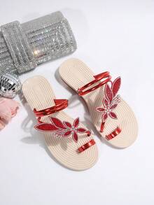 女士夏季 PU 枫叶平底凉鞋，一脚蹬舒适沙滩风格系带凉鞋，户外轻便休闲简约圆头系带凉鞋，2024 时尚百搭纯色透气防滑软底心形装饰凉鞋 - 紅色 - 查看 5