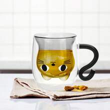 Double Wall Glass Cat Mug - Insulated Cute Coffee Cup With Handle, Holiday Gift For Women/Wife (Christmas Halloween Valentine's Mothers Day Easter) Birthday Present Idea For Cat Lovers