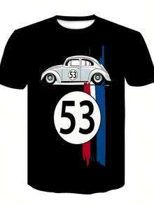 Men's Retro Racing Graphic T-Shirt - Black Short Sleeve Crewneck With Vintage Car & "53" Design, Casual Summer Tee For Men, Leisure Clothing |   Vintage Car Print |   Durable Tshirt, Vintage T ShirtsSummer Tops Are Pure Cotton T-Shirts Comfortable And Light, Casual T-Shirt - Black - View 2