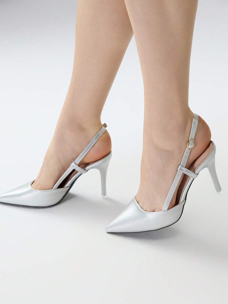 Women's Pointed Toe High Heels, New Spring/Summer Fashion Open Heel Pumps, Suitable For Dates, Casual Outings, Commute, Banquets And Parties Winter Gifts - Silver - View 1