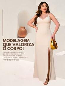 Long Plain Dress With Slit And Adjustable Straps For Wedding Party Bridesmaid Guest - 米色 - 查看 2