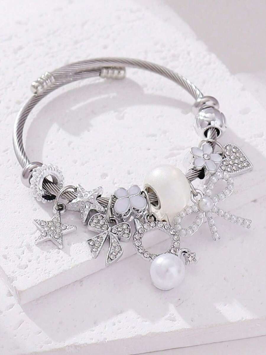 1 chiếc vòng tay bằng thép không gỉ đính pha lê và ngọc trai giả hình nơ mèo thanh lịch, thích hợp cho phụ nữ dự tiệc, có thể dùng làm quà tặng ngày Valentine, ngày của Mẹ. - Bạc - Xem 1