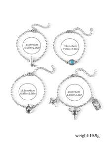 4pcs Western Style Bracelet Set, Retro Cowboy Hat, Cowboy Boot, Bull Head Pendant Adjustable Cowboy Bracelet, Simple Daily Party Jewelry Gift