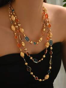 1件优雅、个性、时尚的波西米亚巴洛克珍珠多巴胺彩色树脂几何金属DIY手工女士Y形流苏吊坠首饰项链，专为派对、度假、婚礼、鸡尾酒会等场合设计。由于是手工制作，树脂块的尺寸、颜色和顺序可能会略有不同，这属于正常现象，不影响整体美观。请放心购买。