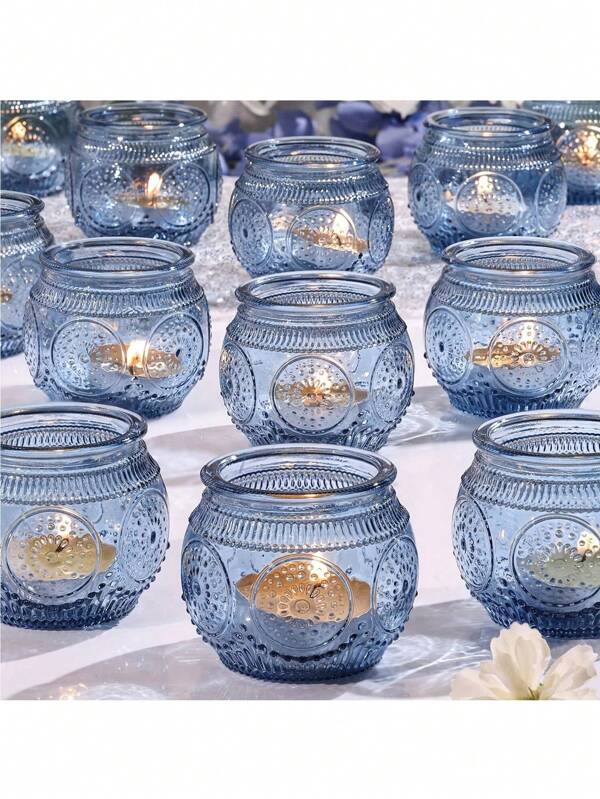 1PC Blue Glass Candlestick Retro Candlestick Suitable For Party Decoration Tea Lamp Candlestick Wedding Family Gathering Desktop Decoration Room Home Decoration Theme Gift Small Gift