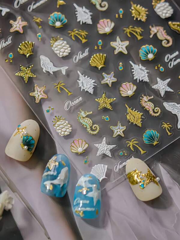 1pc 3D Embossed Nail Art Stickers, Ocean Style With Whales, Seashells & Starfish Decals For DIY Manicure, Summer