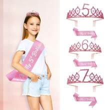 2pcs/Set 4th 5th 6th 7th 8th 9th 10th 12th 13t 16th Birthday Gift Party Favor Rhinestone Crown Jewelry Peony Ribbon Number Etiquette Rose Flower Shoulder Strap Onion Powder Cloth Belt Holiday Dress Up Set Fashion Number Delicate Crown Tiara Hair Accessories It's My Birthday For Pink