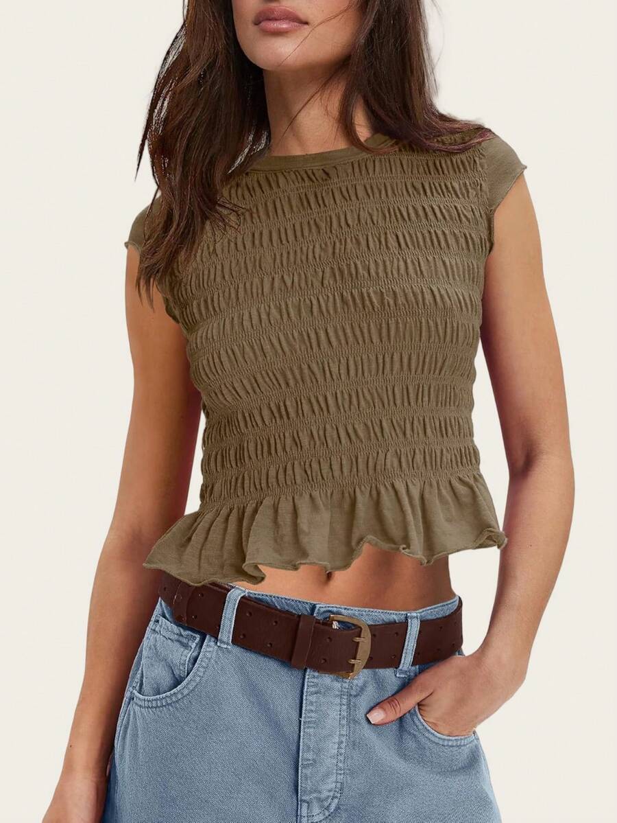 Women Y2K Smocked Shirt Top Summer Cap Sleeve Slim Fit Ruffle Hem Shirred T Shirts Ruched Frill Crop Tank Tops Summer Going Out Tops Tees Streetwear - 咖啡棕 - 查看 1