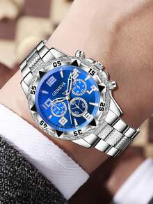 Set de 3 piezas de pulseras de reloj de hombre plateadas, cadena de reloj de lujo con tres ojos grabados de moda, conjunto de joyería, adecuado para uso diario, decoración o regalo de vacaciones - Plateado - Ver 4