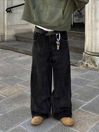 GlobeSwift 男士口袋阔腿牛仔裤，复古街头风格，垃圾摇滚