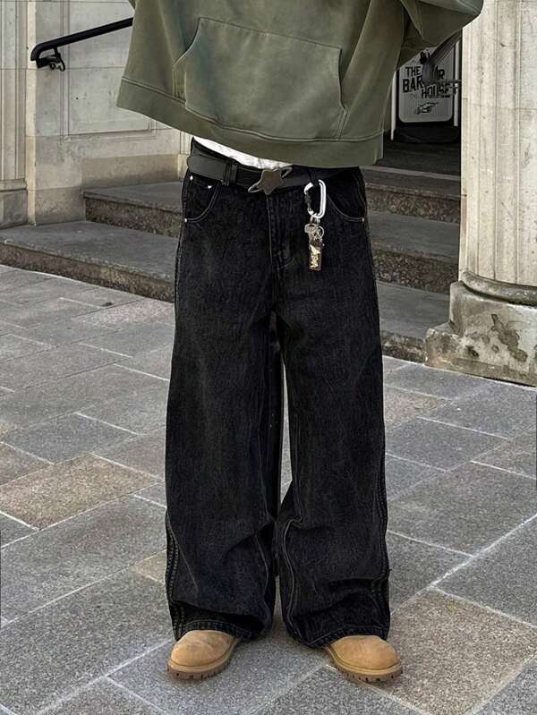 GlobeSwift Men's Pocket Wide Leg Jeans, Vintage Street Style