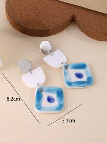 1 par de brincos elegantes com pingente quadrado de cerâmica azul, design longo de 3 camadas, sofisticados para mulheres, adequados para férias, festas e uso diário