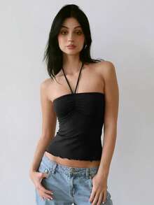 Women Neck Hanging Fashion Tank Top, Suitable For Summer - Black - View 2