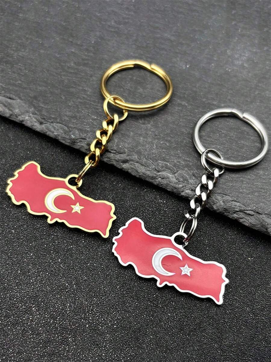 Stainless Steel Turkey Map Flag Keychain, Unisex, Available In Gold And Silver, Turkey Keyring, Car Accessories, Cute Gothic Y2K Style - Multicolor - View 1