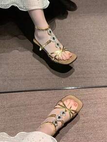 Zapatos de tacón alto dorados para mujer, sandalias con tiras de cristales para vestidos de boda, zapatos de tacón elegantes y formales para dama - Dorado - Ver 7