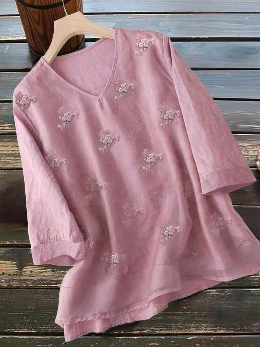 女式复古刺绣 V 领短袖衬衫、设计印花拼布欧根纱刺绣分层宽松休闲度假衬衫、花卉刺绣优雅衬衫、植物刺绣复古短袖上衣