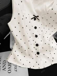 Women's Elegant Casual Black & White Polka Dot Bow Decor Button Front Camisole Tank Top, Summer All-Match Versatile Design