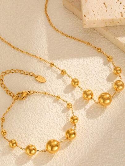 1pc Minimalist Stainless Steel 18K Gold-Color Ball Bracelet & Necklace Set For Women, Suitable For Summer And Daily Wear