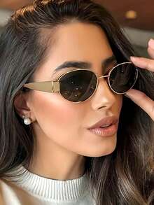 新款复古高端金属椭圆形小框时尚眼镜，适合女士日常、街头、派对、海滩、度假、极简主义和装饰性眼镜 - 金框灰片 - 查看 2