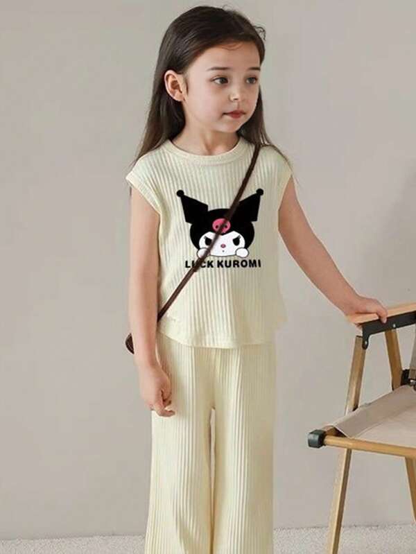 Sanrio 2pcs Cute  Cartoon Print Kids Girl Sleepwear, Short Sleeve T-Shirt, Loose Loungewear Top And Long Pants Set, Suitable For Summer