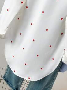 Women's Allover Heart Print Polo Collar Shirt - Oversized Button-Up Front Long Sleeve Top For Casual To Dressy Essentials, Spring Summer Fall All-Season Capsule Wardrobe