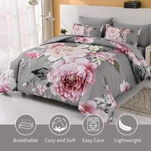 7 Pieces Bed In A Bag Queen King Comforter Set Grey Floral Bedding Sets Elegant Flower Bed Set Lightweight Comforter For All Season With Flat Sheet, Fitted Sheets,For Wedding Items,Valentines Day Home Bed Room Decor,Easter Gifts - 灰色 - 查看 12