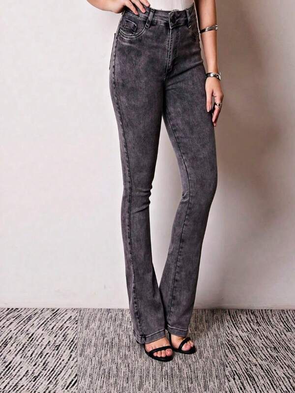 Calça Jeans Feminina Flare Grafite Chumbo Marmorizada Casual Jeans