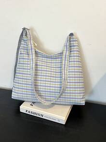 Summer Jacquard Cloth Shoulder Bag Beach Bag Women's Beach Bag Women's Crossbody Bag Women's Bag Checked Handbag Large Capacity Student Book Bag - Blue - View 2