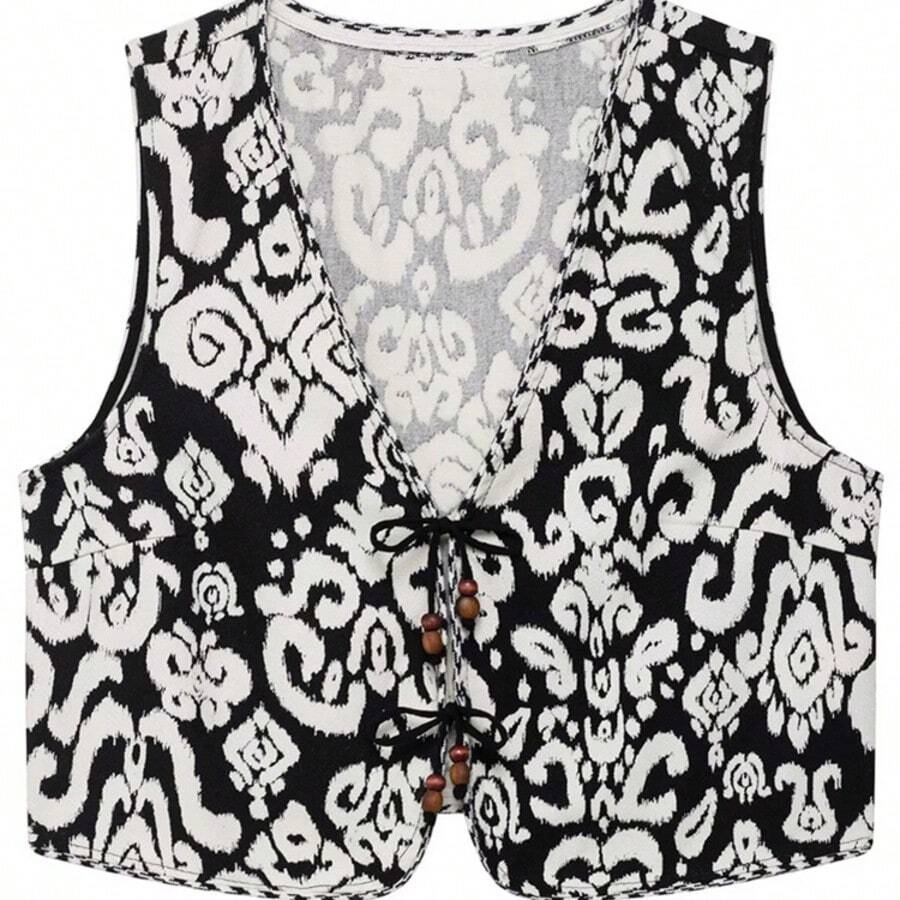 ZEVITY Women's Allover Print Sleeveless Tie Front Casual Top - Black - View 1