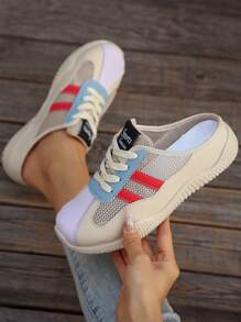 女士休闲运动网眼系带拖鞋，简约撞色学生平底运动拖鞋，户外度假运动鞋