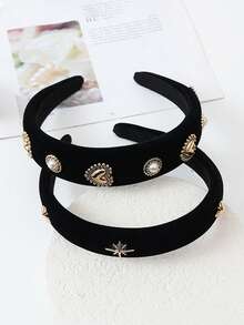 1pc/2pcs Palace-Style Star & Heart Polyester (Polyethylene Terephthalate) Wide Pearl Love Velvet Sponge Hairband, Five-Pointed Star Velvet Hairband, Suitable For Daily Matching Wear In All Seasons - Multicolor - View 7