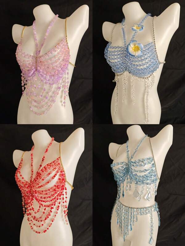 Sexy Lingerie Body Chain For Women, Men & Crossdressers – Acrylic, Crystal, Sequins Chest Harness, Hollow-Out Pendant Vest, Hot Girl Bra Accessories For Nightclubs, Parties, Hotels, Carnivals, Couples