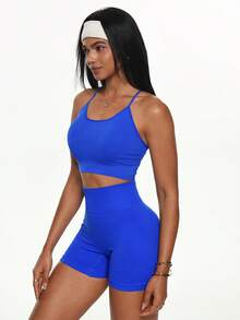 TCVC Women's Seamless High Waist Slimming Peach Butt Shaping Solid Color Sports Shorts, Versatile Fitness, Yoga, Running Shorts Set, Spring/Summer - Royal Blue - View 5