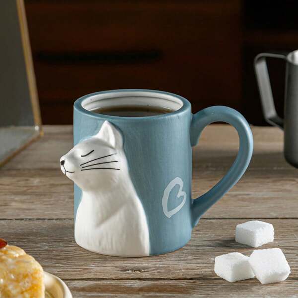 350ml Couple Cat Ceramic Mug, Creative 3D Matte Coffee Cup, Romantic Household Matching Set, Valentine's Day Gift, Afternoon Tea Latte Cup, Simple Black & White Color, Suitable For Coffee Or Herbal Tea