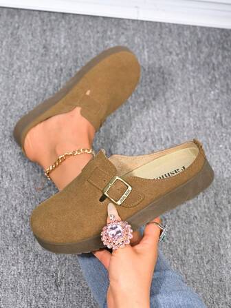 Women's New 2025 Fashion Comfortable Mule Slippers, Ladies' Retro/Faux Suede/Buckle/Platform Slip-On Flat Shoes