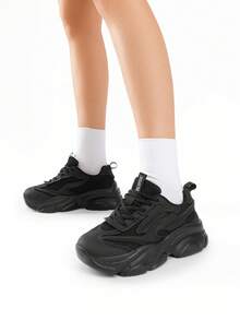 Women's Platform Chunky Fashion Sneakers Walking Lace-Up Comfortable Dad Sneakers Workout Sport Work Casual Tennis Shoes - màu đen - Xem 3