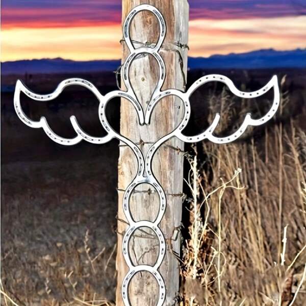 Artesanía de cruz de ángel hecha a mano con herradura y forma de corazón, decoración de metal para jardín, patio, terraza