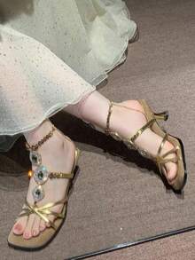 Zapatos de tacón alto dorados para mujer, sandalias con tiras de cristales para vestidos de boda, zapatos de tacón elegantes y formales para dama - Dorado - Ver 2