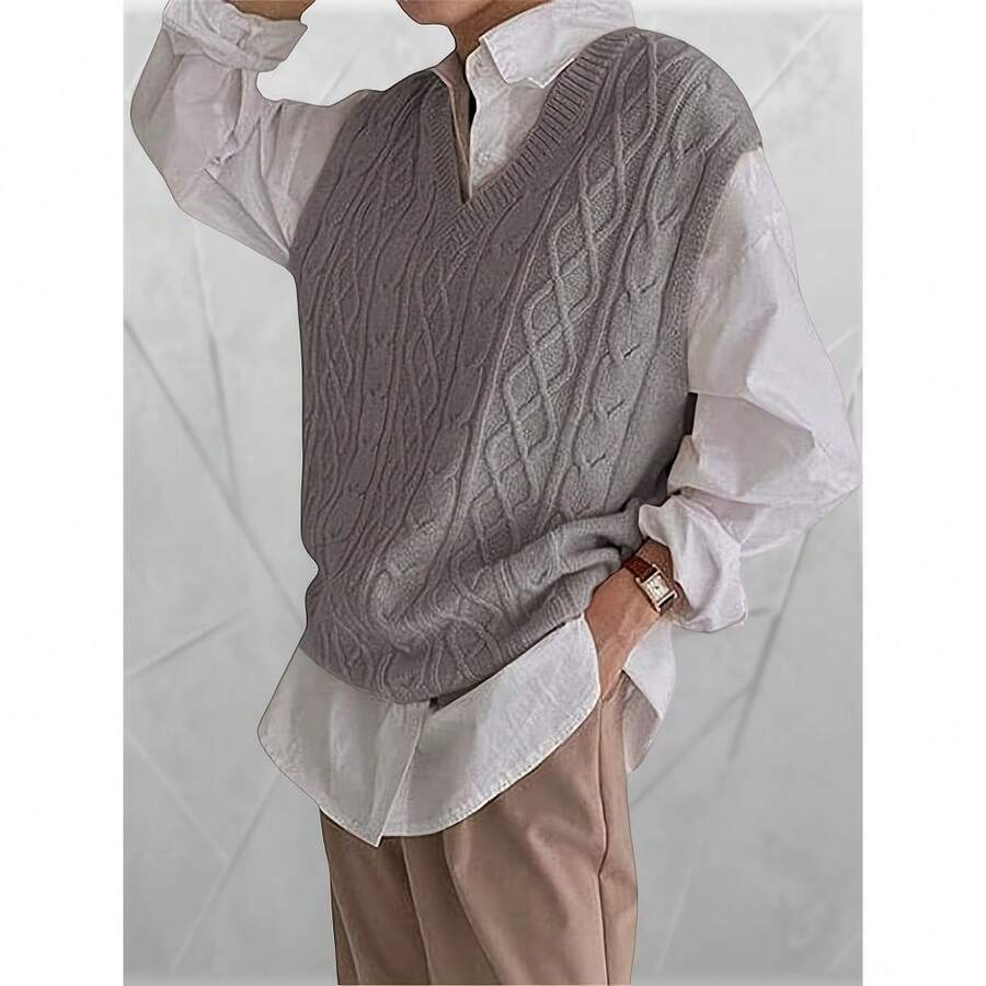 Local Delivery-Viscose & Polyester Blend For Spring, Summer & Fall - Casual Solid Color Lightweight Knitwear, Knit Sweater,Women's Oversized Cable Knit V-Neck Sweater Vest - Sleeveless Loose Pullover Top In Soft Nylon, - Grey - View 1