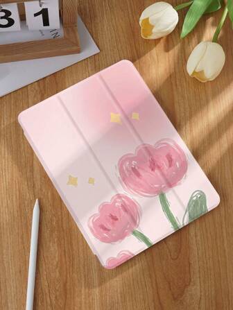 粉色郁金香星油画风格图案平板电脑保护壳，兼容 iPad 9.7/10.2/10.5/10.9/12.9/Pro 11、第 10 代，兼容三星 Galaxy Tab S6 Lite 10.4 英寸，兼容 Kindle Paperwhite 第 12 代 2024，Kindle（第 11 代）2022 年发布，柔软防摔保护，智能支架/自动唤醒/睡眠