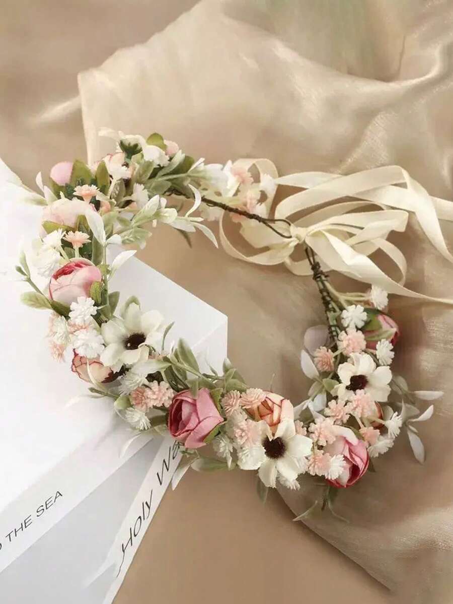 1 件女孩欧美风格人造面料玫瑰花冠，清新浪漫花卉头带，适合花童、伴娘、婚礼、舞台表演、旅行、海滩、礼物 - 粉色 - 查看 1