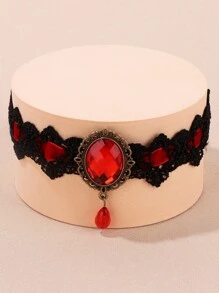 1 pièce Collier ras-du-cou gothique vintage incrusté de pierres précieuses en dentelle noire, accessoire de mode unique et charmant pour femmes