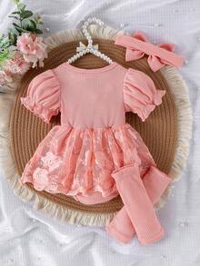 1pc Infant Girls Cute Short Sleeve Lace Mesh Ruffle Hem Bodysuit, Lightweight Summer - Pink - View 2