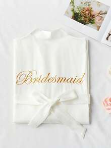 1pc Women Bride Morning Robe, Spring Summer Wedding Sleepwear, Bridal Satin Robe, Sexy Loungewear Back To School - White - View 3