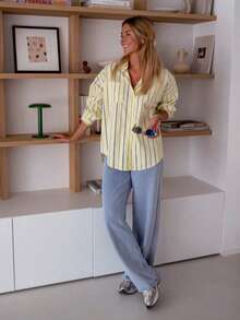 女式后开衩纽扣条纹独特优雅衬衫，条纹纽扣口袋 - 黃色 - 查看 4