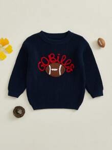 Baby Knit Sweaters Long Sleeve Round Neck Football Embroidery Pullover Toddler Fall Tops