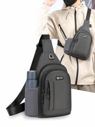 Men Casual Oxford Crossbody Chest Bag With Bottle Holder - Multifunctional Outdoor Sports Bag, Fashion Sling Shoulder Bag, With Stitching Details, Zippered Anti-Theft Pocket, Suitable For Daily Commute And Travel, Adjustable Strap Small Bag For Men Body Bag For Men