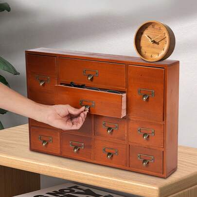 Rainaut Gabinete de 12 cajones estilo botiquín, gabinete de catálogo de biblioteca, cajón de catálogo de tarjetas con manijas de metal y ranura para etiqueta, organizador de escritorio de madera para almacenamiento de hierbas, colección de té (marrón) Almacenamiento para dormitorio escolar