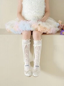 1 Pair Girls Knee-High Socks With Ribbon Hollow Out Breathable Casual Vacation University Style Party Wear